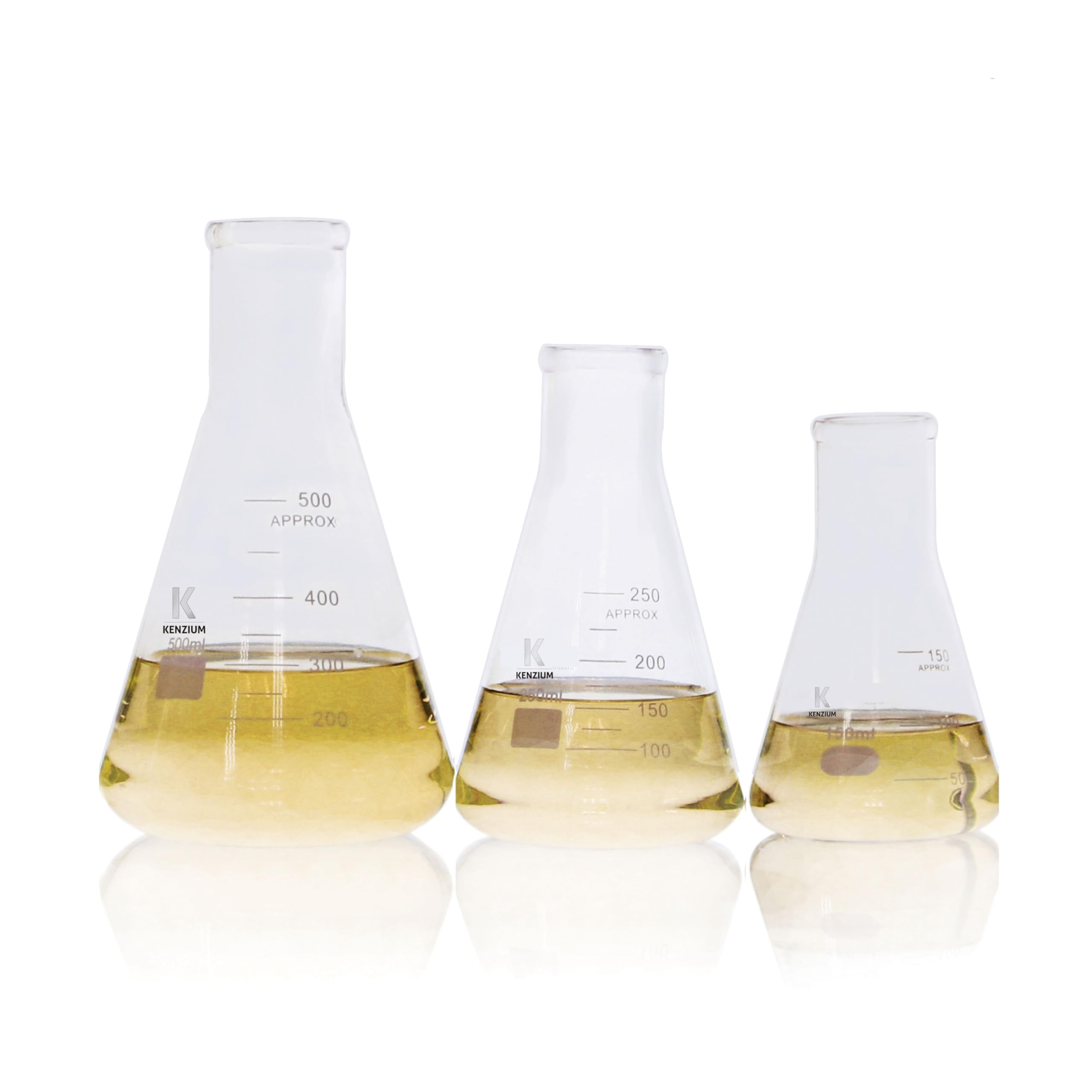 KENZIUM - Pack 3 x Beuta Erlenmeyer | Formati: 150, 250 e 500 ml | Vetro Borosilicato 3.3 | Graduazione Stampata | Collo Stretto | Ideale Laboratorio, Scuola
