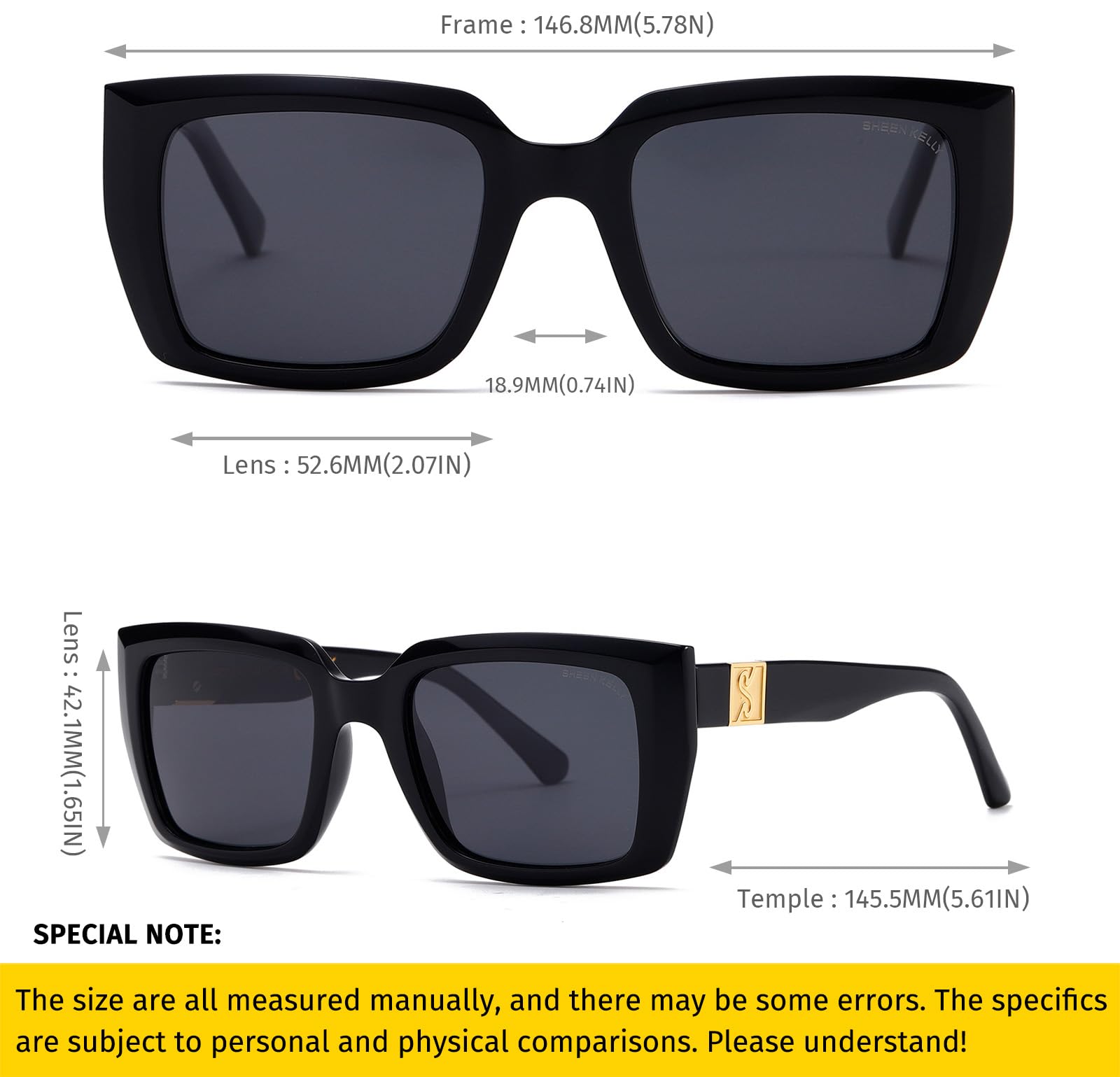 SHEEN KELLY Gafas de sol polarizadas retro de acetato para hombre y mujer, gafas cuadradas, diseño exclusivo
