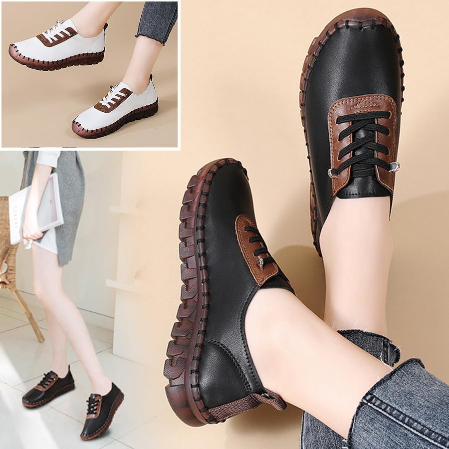 Image of CrazySavage Women's Leather Soft Bottom Flat Loafers Casual Non-Slip Handmade Slip-On Walking Shoes Comfort Driving Orthopedic Pain Relief Lightweight Shoe