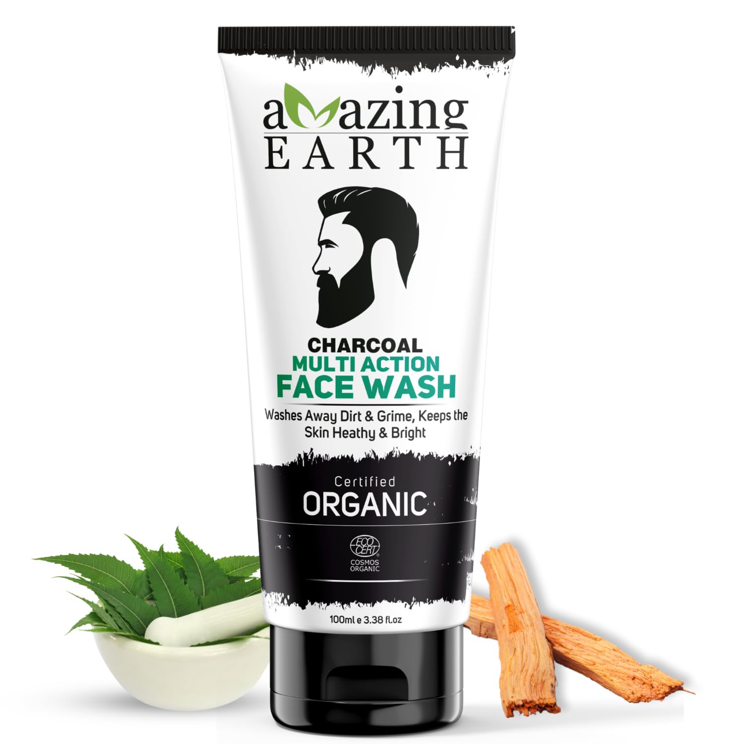 AMAzing EARTH Certified Organic Activated Charcoal Face Wash for Men - 100% Natural with Neem, Orange, Rice, Grapeseed, Sandalwood Extract, Fights Pollution, Oil Control, Sulphate and Paraben Free, Cruelty Free - 100ml
