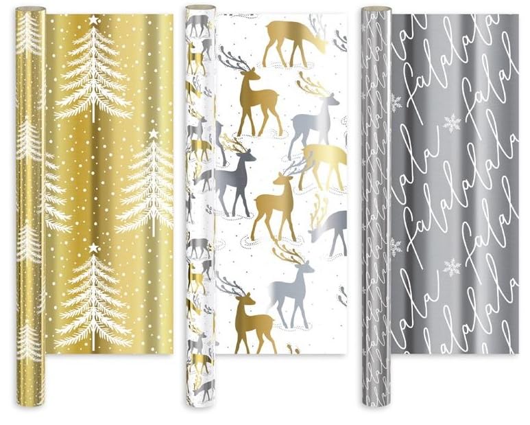4.5M x 69cm Luxury Premium Foil Christmas Wrapping Paper Roll Xmas Gift Wrap 3 Designs - Made In Britain (Rose Gold Luxury 4.5M One Of Each #112)