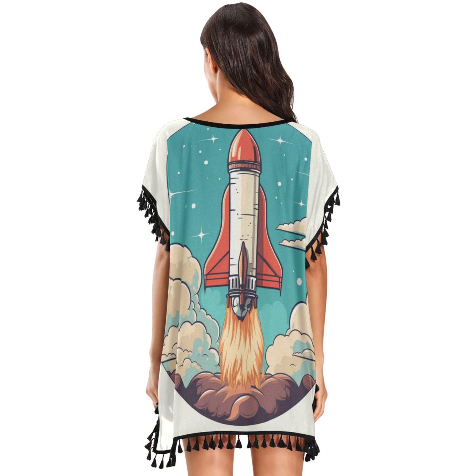 Cartoon Rocket Art Sky Women's Beach Cover Up Chiffon Tassel Swimwear Swimsuit Coverups for Girl