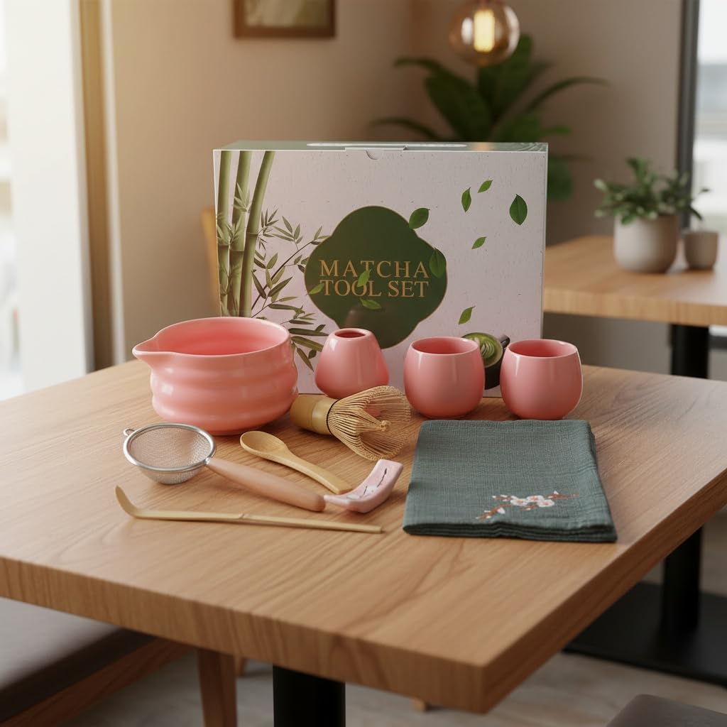 Matcha Tool Set, 10 Piece Traditional Japanese Tea Ceremony Kit with Bamboo Whisk, Ceramic Bowls, Cups, Strainer, Spoons, Holder and Cloth (pink)