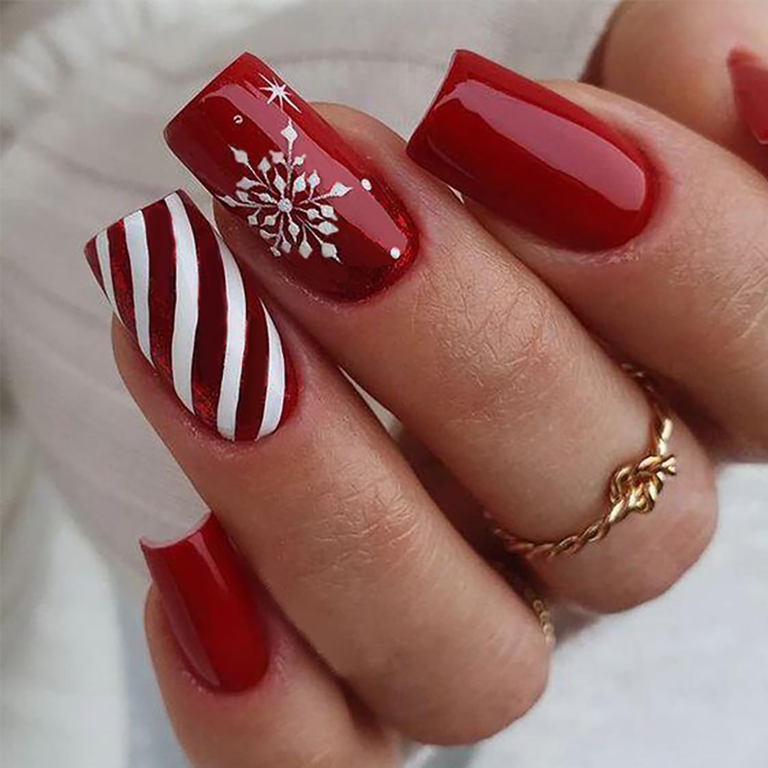 LOPMNGHT Christmas Red Press on Nails Medium Square Snowflake False Nails with Red White Stripe Design Winter Xmas Acrylic Nails Reusable Glue on