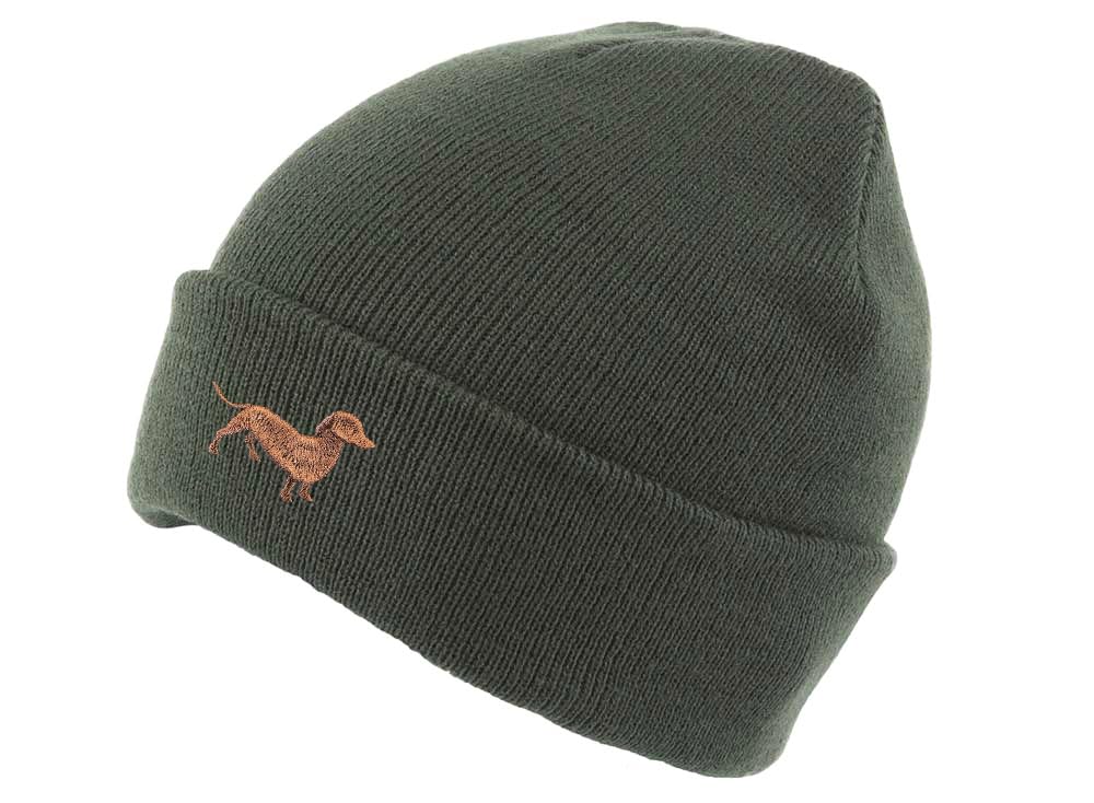 The House Of Dog Unisex Olive Dachshund Sausage Dog Owner Gift. Classic Cuffed Beanie Ski Hat With Embroidered Design.