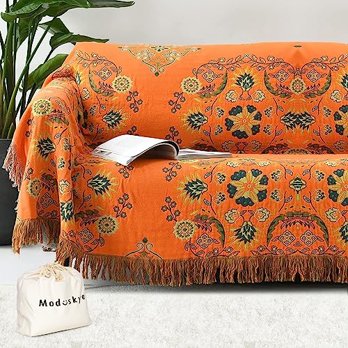 Bohemian Throw Blanket, Moduskye Orange Vintage Blankets 78X90 Inch Natural Cotton Mandala Queen Blanket Quilt For Bed Couch, Reversible Cozy Soft Bed Coverlet #TOP27