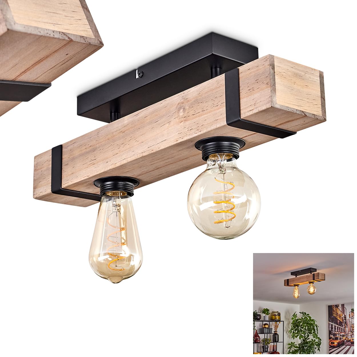 Hofstein Black Montgomery Ceiling Light, Modern Ceiling Lamp Made Of Metal/Wood In /Natural Colour, Industrial Design Luminaire With Wooden Beams, 2 Lights, 2 X E27, Without Bulbs