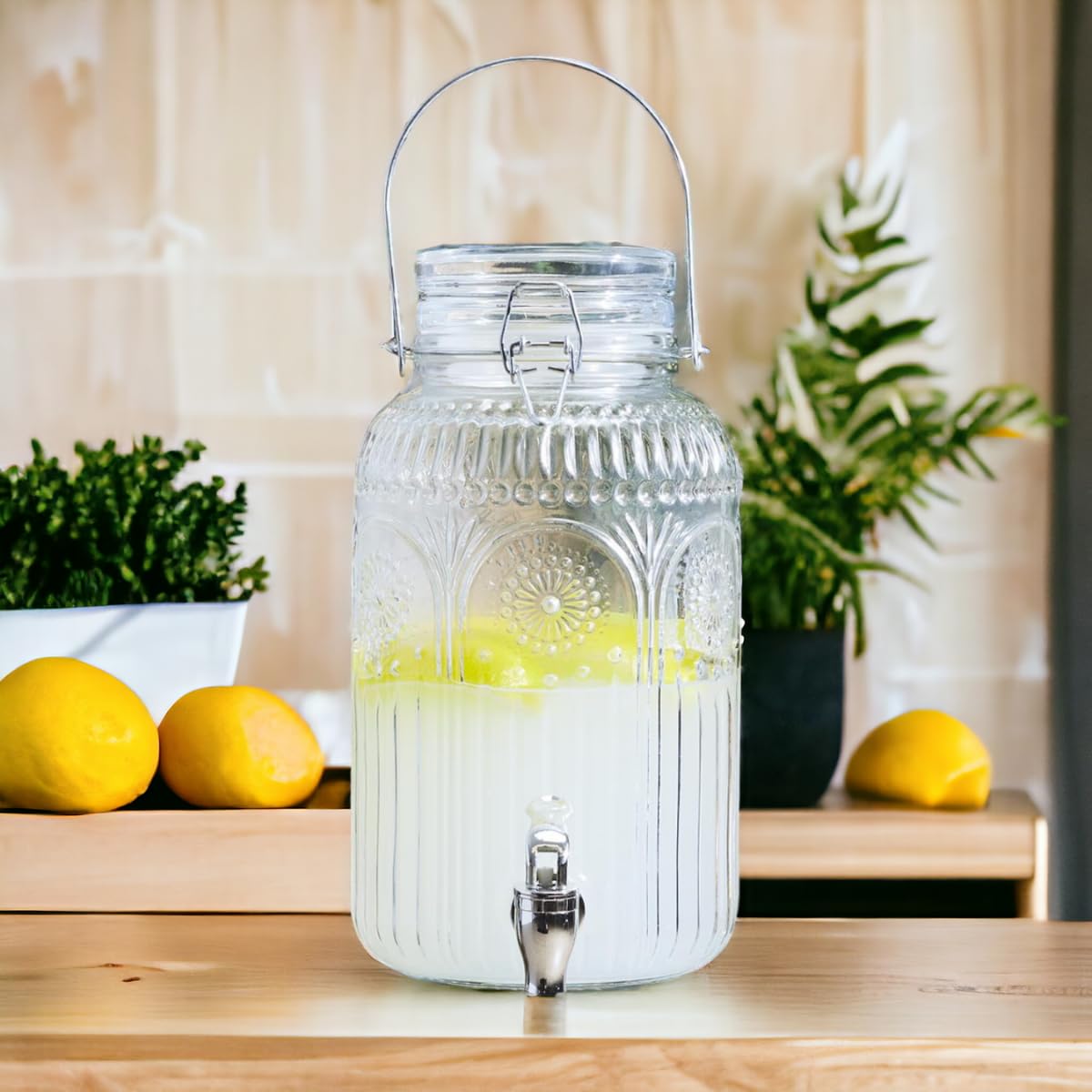Distributeur Boisson avec Robinet 4 L - Fontaine à Eau et Cocktail en Verre - Jarre pour Fêtes et Anniversaires