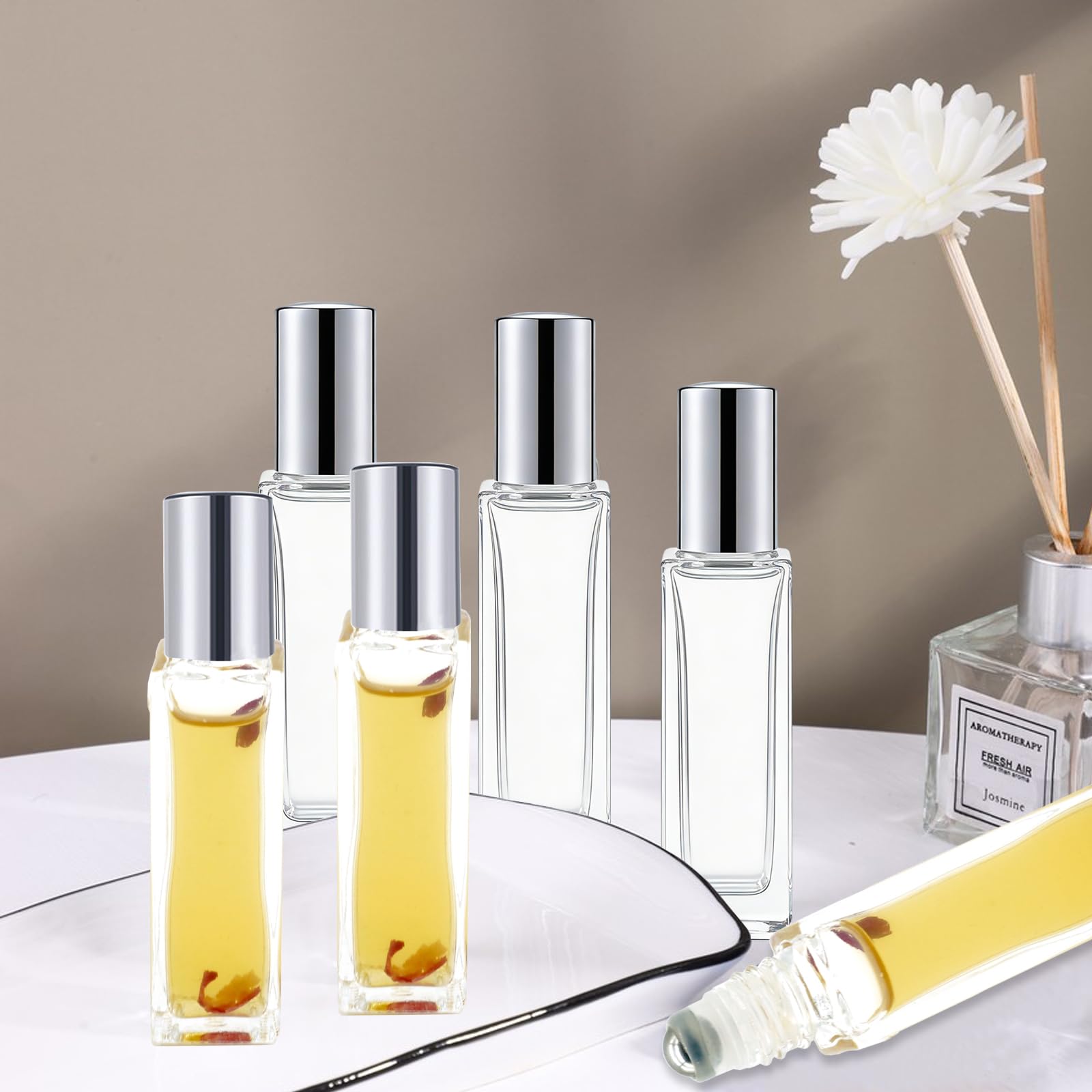 Rollerflaschen für ätherische Öle, 10 ml, Glasrollerflaschen mit Edelstahl-Rollkugeln, leere Flaschen, auslaufsicher, Roll-on-Flaschen mit 5 Trichtern für Reisen, Parfüm, ätherisches Öl