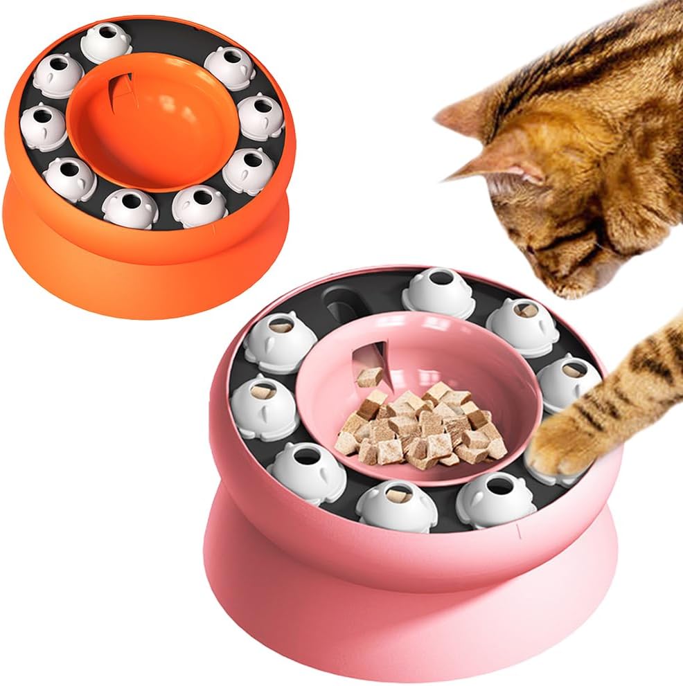 Pet Puzzle Interactive Cat Slow Feeder Bowl, Pink and Orange Puzzle Food Dispenser with Drainage Hole, Treat Dispensing Enrichment Toy for Mental Stimulation (Pink) - Image 1 of 8