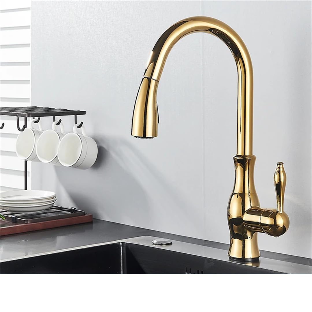 FCXWEVR Pull Down Kitchen Sink Faucet Rotatable Single Lever Mixer with Multicolor Finish (Gold) Easy Clean High Arc Pull Out Sprayer Single Hole Installation