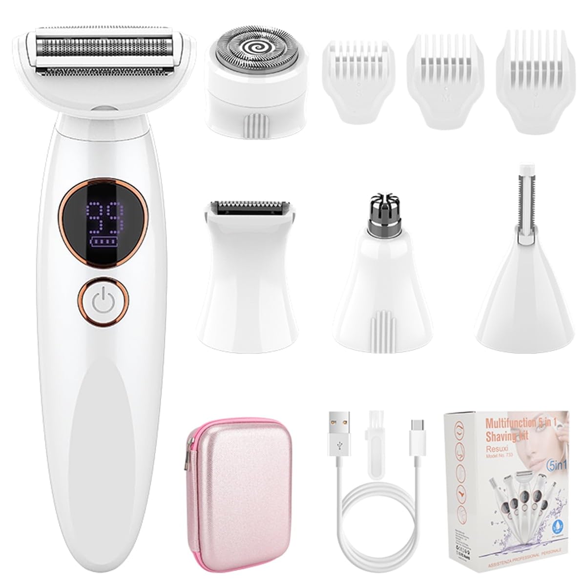 Electric Razor for Women 5 in 1 Removal for Nose Ear Eyebrow Rechargeable Face Shavers Body Legs Armpit Bikini Area Pubic Underarms Painless Portable Womens Razors Set