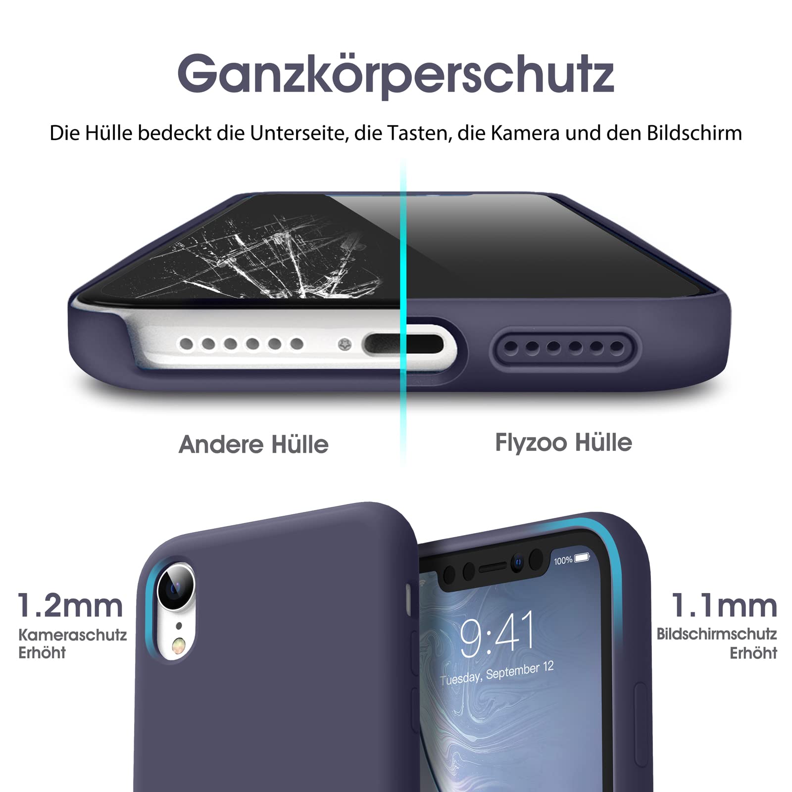 Flyzoo Silikon Case Für IPhone 13 – Flüssiges Silikon, 4-Schicht-Schutz, Dunkellila
