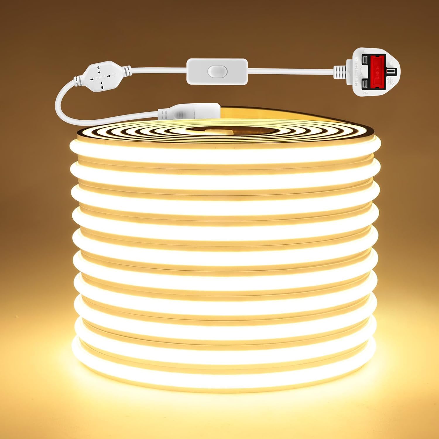 AIMENGTE COB LED Strip Light, 10M 220V Warm White LED Lights, Cuttable Flexible Waterproof Silicone Outdoor LED Strip, 3000K Neon Rope Light for Bedrooms, Kitchen, Cabinet, Bookshelf