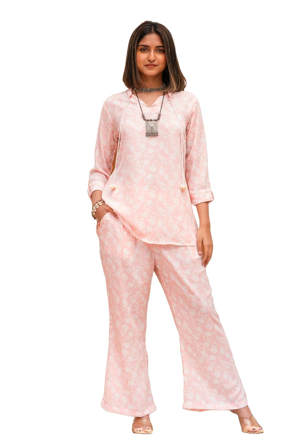 Svamsa Pink & White Print Co-Ord Set | Lightweight Georgette | A-Line Tunic with Tassels | Loungewear Set | Ankle-Length Pants with Zip and Elastic Waistband | Size S-XXL | Two Piece Coord Set