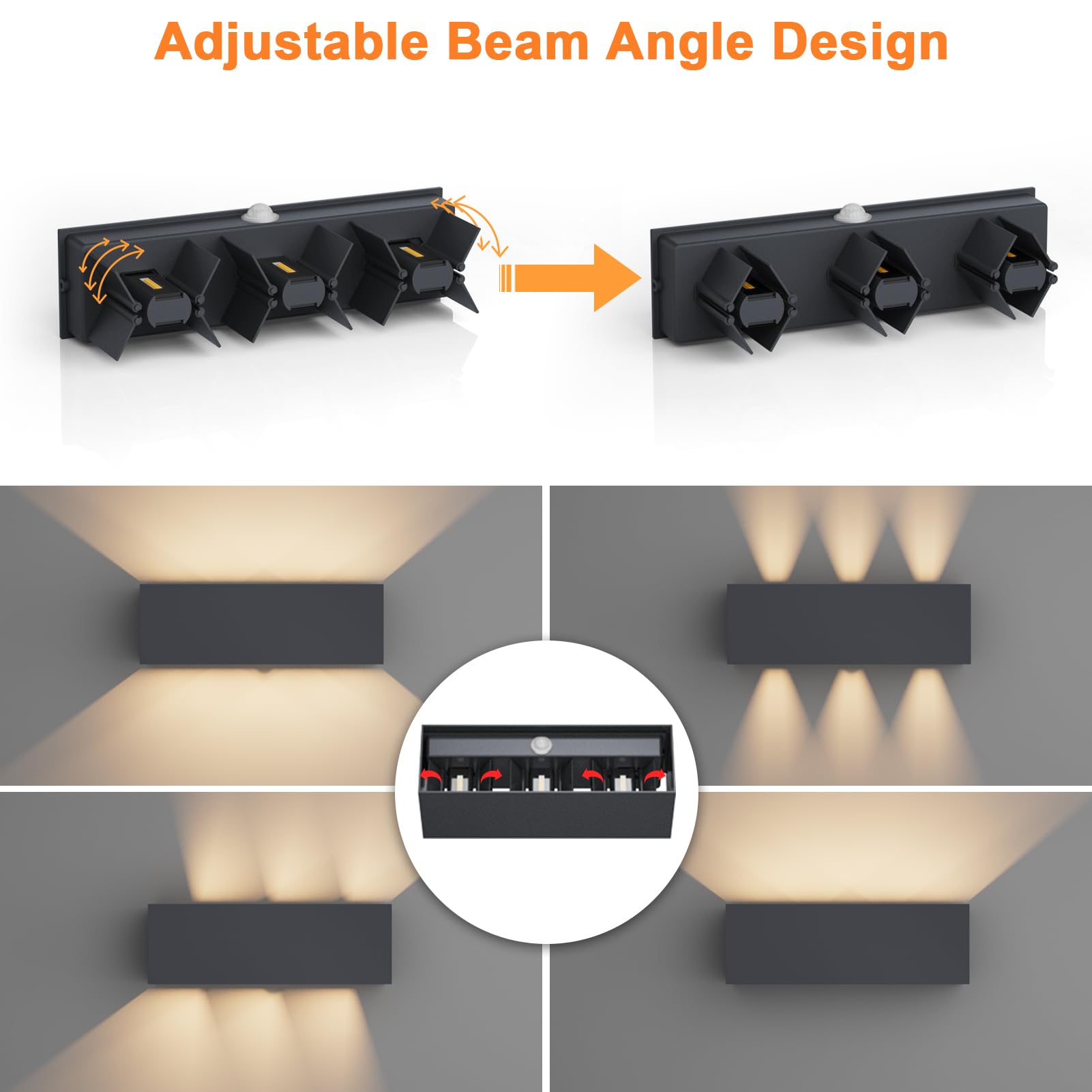 Klighten Lampada da esterno, 30W Applique da Parete con sensore di movimento per luci esterni/interni Lampada da parete con fascio regolabile IP65 Impermeabile 3000K, Antracite