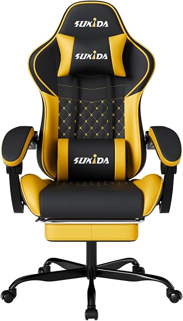 SUKIDA Yellow Gaming Chair Massage - Gamer Chair Adult Gamers Choice Size Cool Big People, PC Video Game Ergonomic Gamingchair with Footrest, Racing Office Computer Reclining Comfortable Recliner