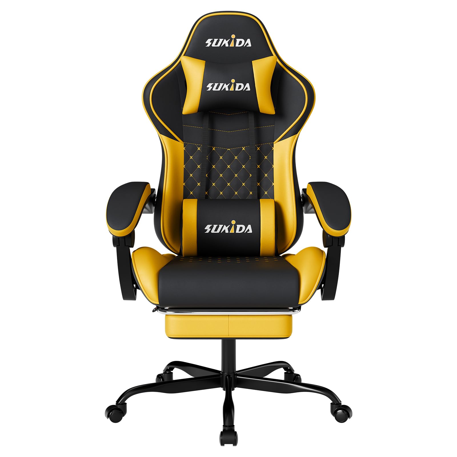 SUKIDA Gaming Stuhl, Ergonomischer Gaming-Stuhl mit Fußstütze, Racing Gamer Chair 90-135° Rückenlehne einstellbar, Computerstuhl Höhenverstellbar Lendenwirbelstütze, Blackyellow
