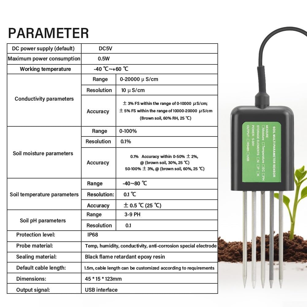 USB Sensore del suolo 7 in 1 per Android, IP68 Umidità Terra Temperatura PH NPK Tester con guarnizione in resina epossidica, sonda in metallo 1,5 m, analisi dati in tempo reale per agricoltura