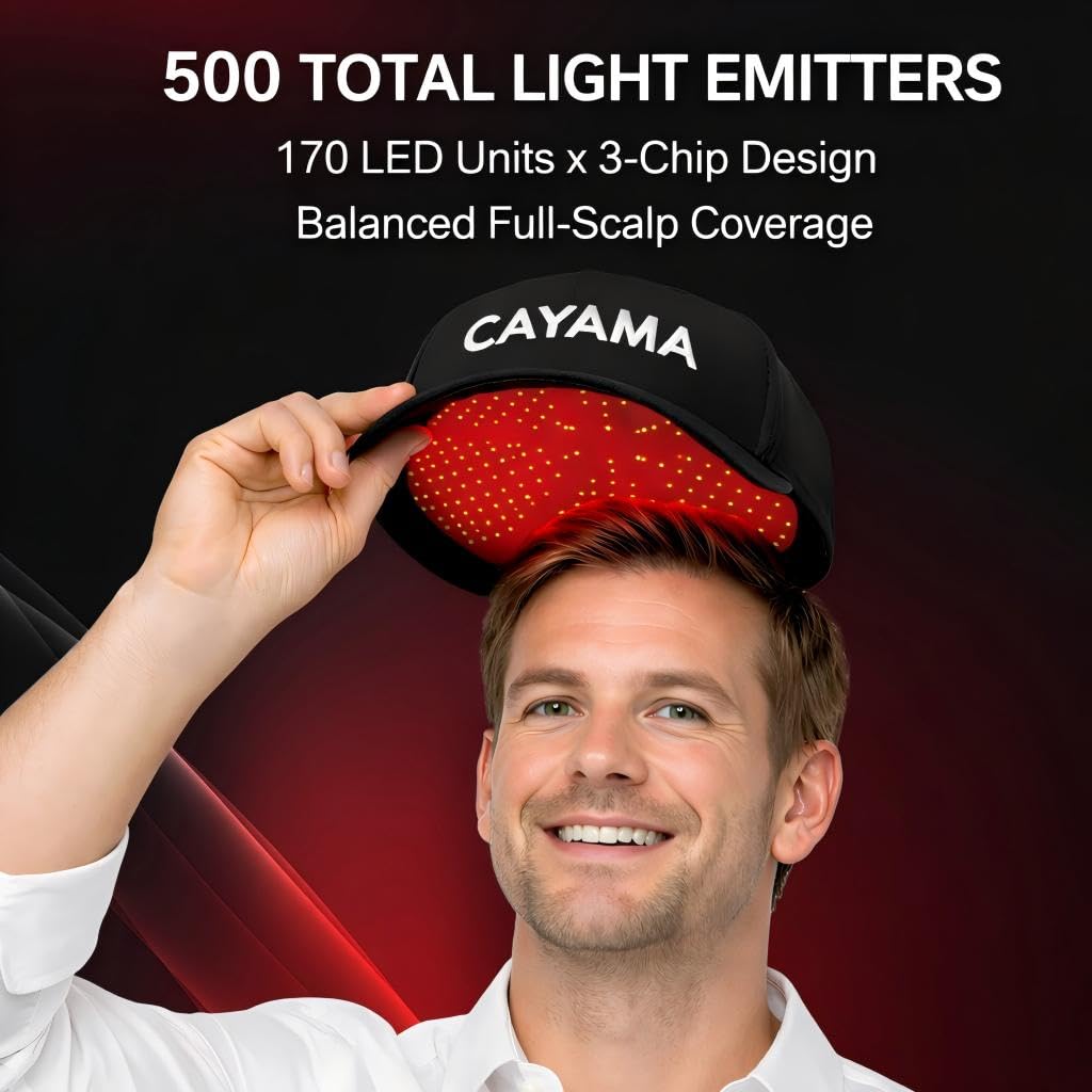 CAYAMA Red Light Hair Growth Cap for Men & Women, 500 Total Light Emitters, Full-Scalp Coverage, 660nm Red Light + NIR, Adjustable Fit, At-Home Scalp Care