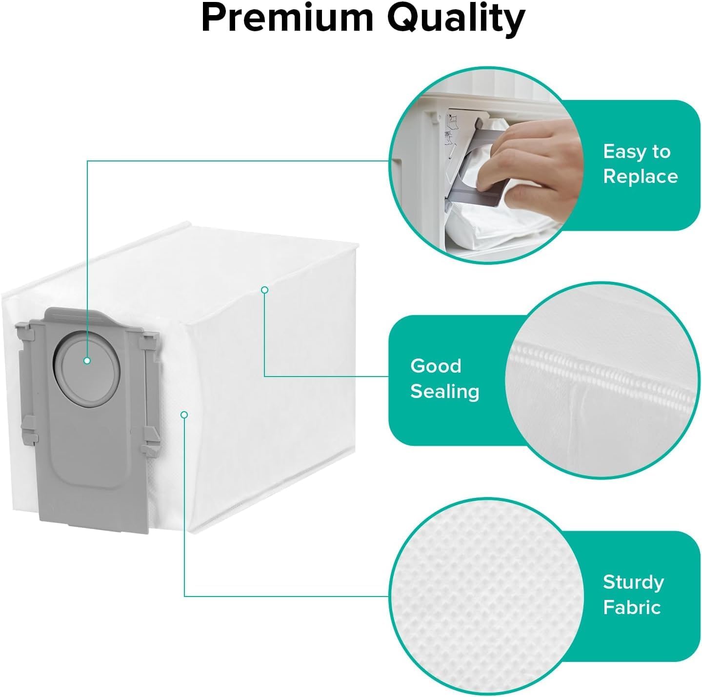 Features of the premium quality dust bag, including easy replacement, good sealing, and sturdy fabric