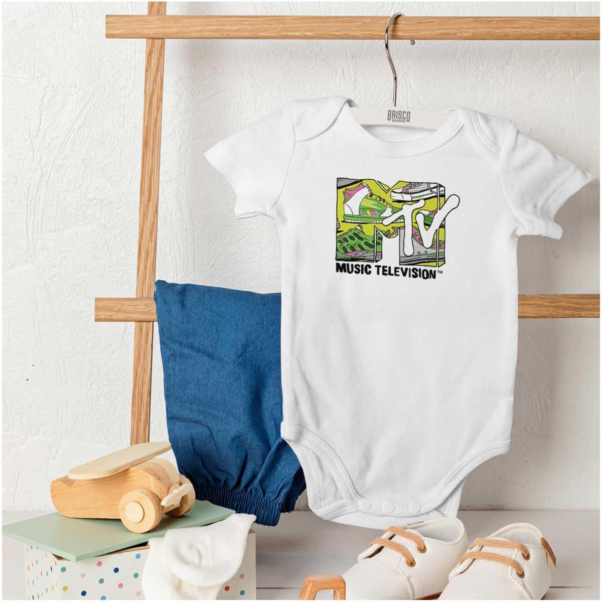 Brisco Brands Cool Retro MTV Sneaker Print Logo Baby Romper Boys or Girls