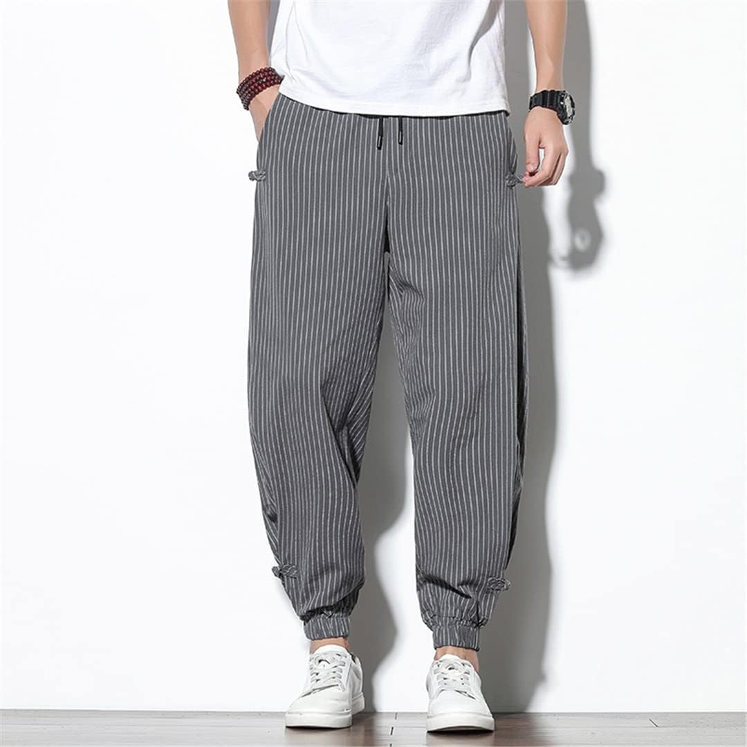 Spring Summer Disc Buckle Striped Harem Pants Breathable Cotton Linen Pencil Pants Buckle Casual Bloomers