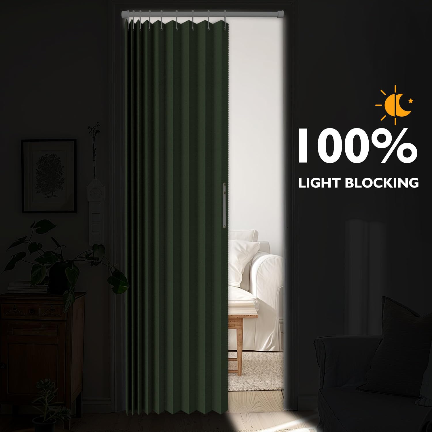 100% Blackout Fabric Folding Curtain with Magnetic Closure, Accordion Style for Sliding Doors, Closets, Closets, Temporary Door Solutions, 1 Panel, 42 x 78 inches, Green