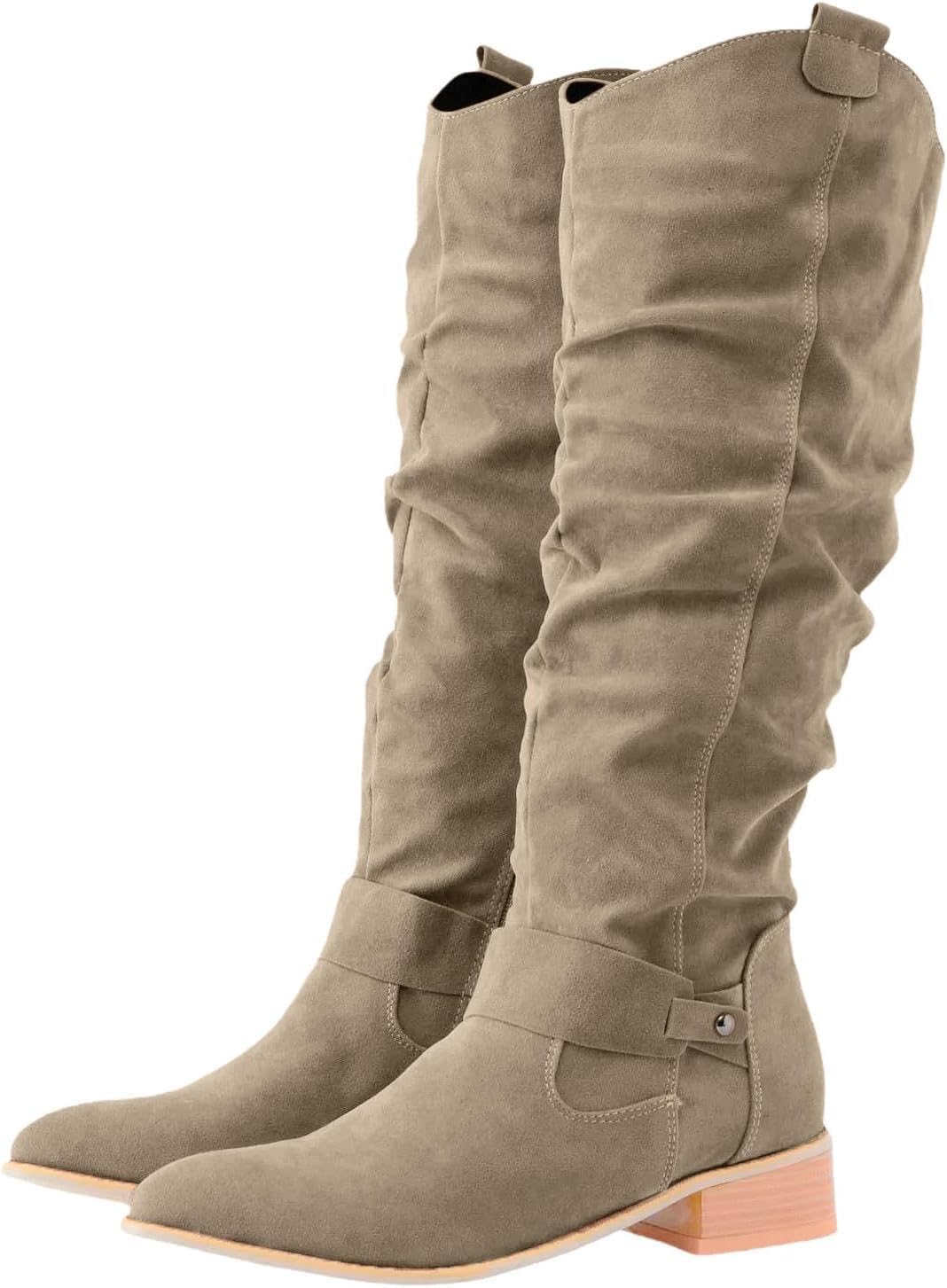 XBKOJBA Women Knee High Boots, Wide Calf Slouchy Low Heel Mid Calf Boots Round Toe Tall Calf Riding Combat Boots for Ladies