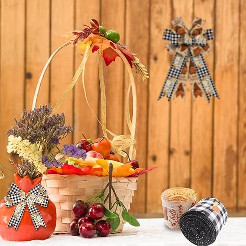 Miniatura 4 de Hying 2 rollos de cintas de gnomos de otoño para lazos de corona, cintas de borde con alambre de Acción de Gracias, cinta de arpillera natural,