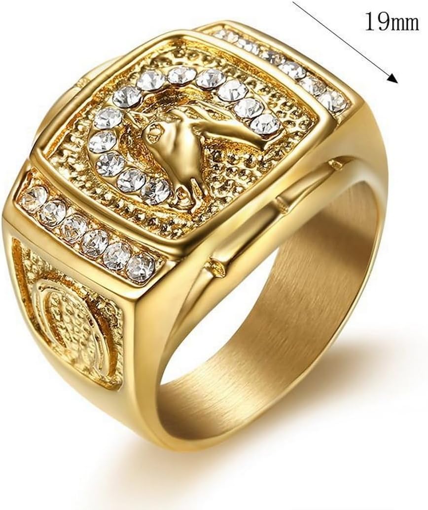 Lucky Gold Plated CZ Bling Horseshoe Ring for Men,Iced Out Horse Ring,Unique Western Stainless Steel Ring Biker Vintage Square Hip Hop Rocker Fashion Equestrian Jewelry - Image 3