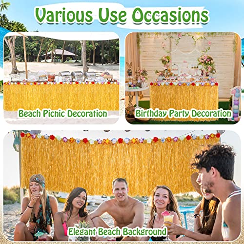 Juexica 12 Packs Luau Grass Table Skirt 9 ft x 30 in Grass Hawaiian Table Faux Hibiscus Flowers Hula Skirts for Tropical Hawaiian Party Decorations(Yellow) by Juexica - Image 6