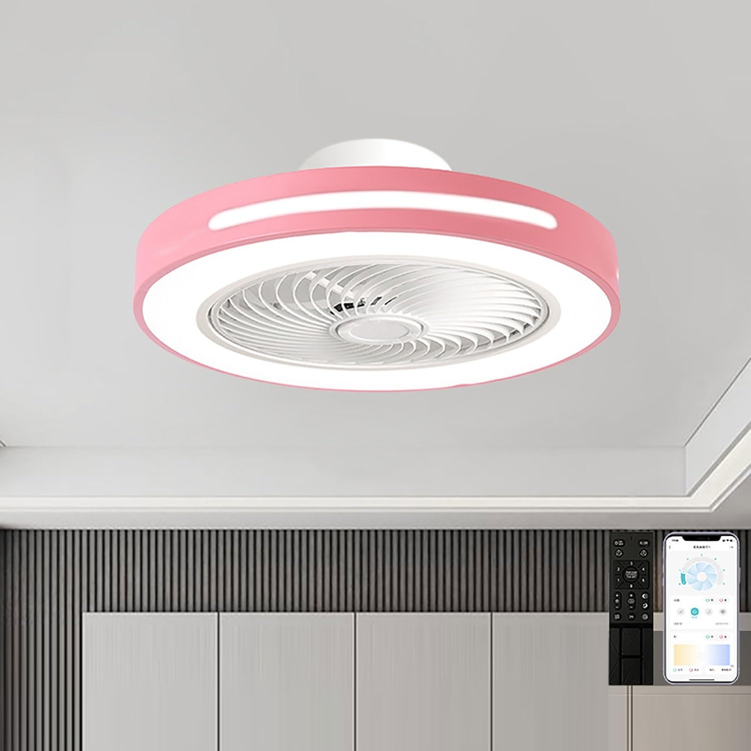 HXYSXHJUO 18IN/20IN Low Profile Ceiling Fans with Lights and Remote Modern Quiet Multiple Colors Available for Bedroom, Kitchen, Living Room(Pink,50cm/20in)