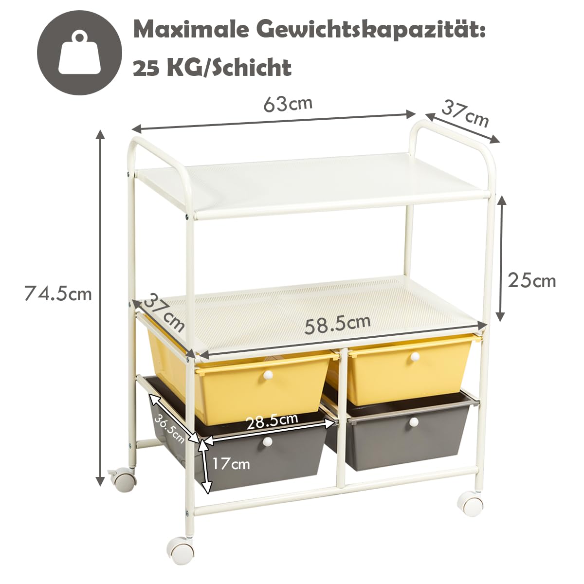 GOPLUS Rolwagen met laden, badkamerrolwagen met 4 draaibare wielen, metalen frame, trolley met wielen voor kantoor, keuken, woonkamer (kleurrijk