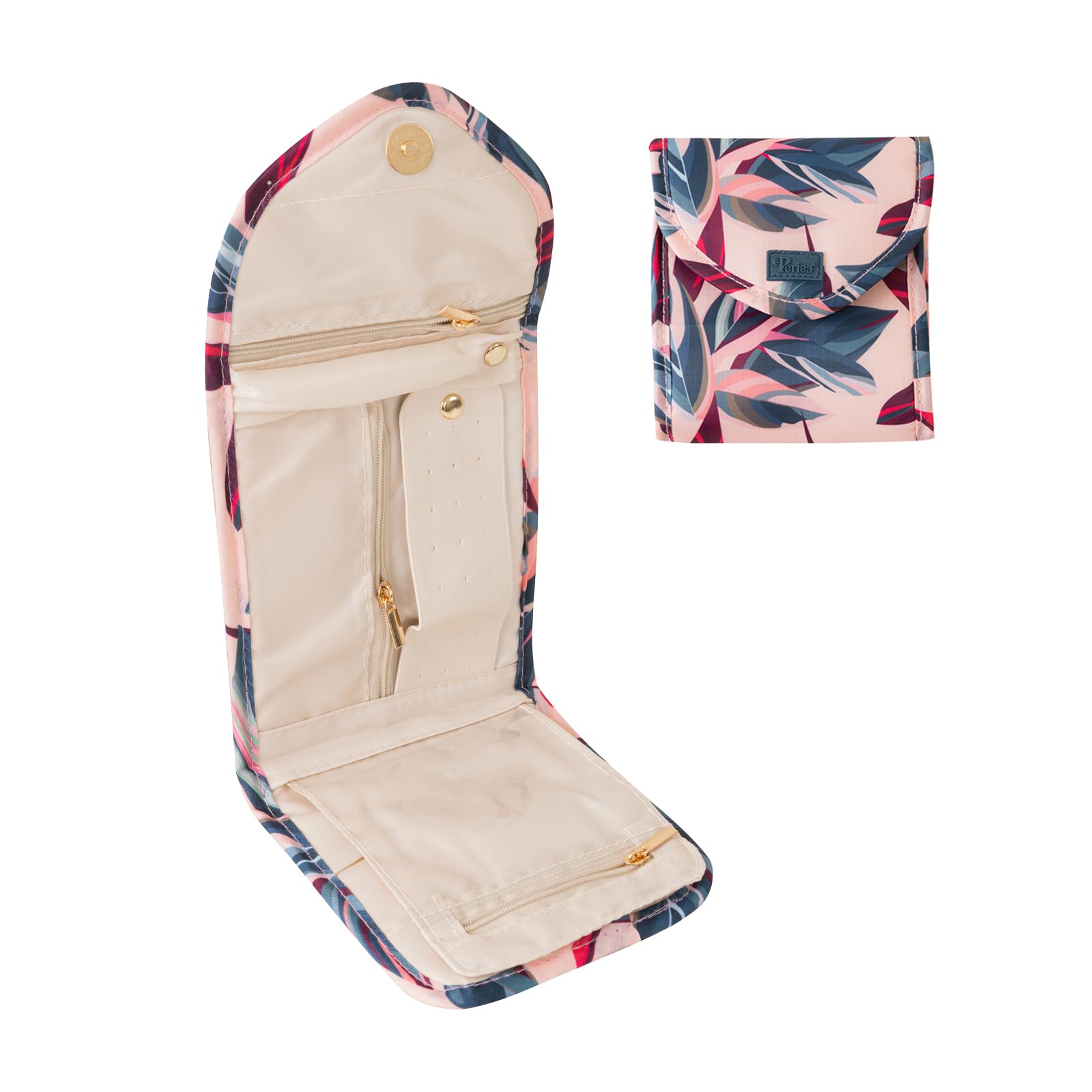 Periea Peach Leaves ‘Cleo’ Travel Jewellery Organiser Roll Foldable Jewelry Case For Journey - Rings, Necklaces, Bracelets, Earrings (, Small)
