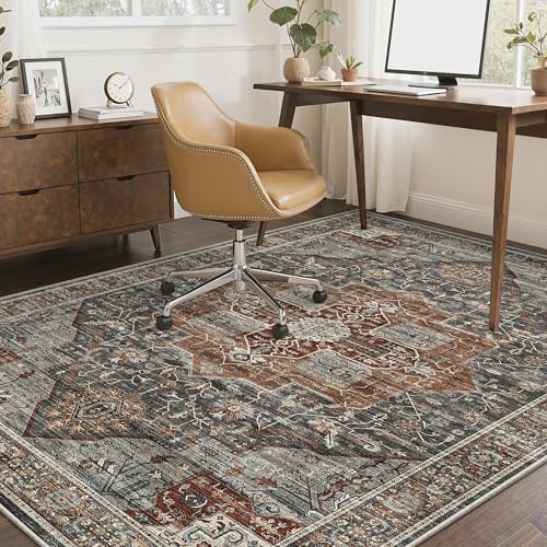 4x6 Area Rug - Washable Dining Room Rug with Non-Slip Backing, Small Rugs for Entryway, Kitchen, Bedroom, Stain Resistant Vintage Rug for Room Decor (Grey/Brown/Tan, 4'x6')