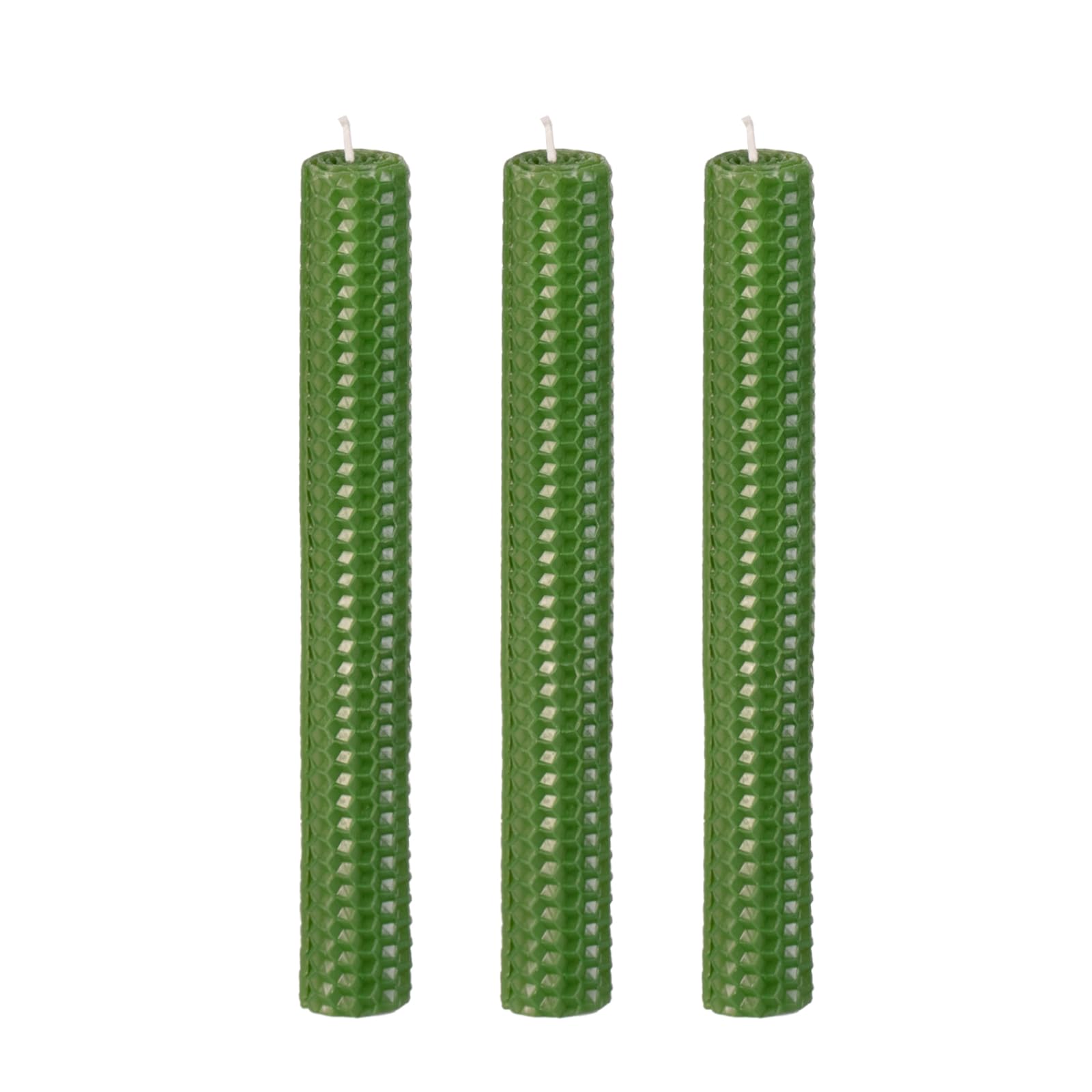 KONNI Green Beeswax Taper Candles, 0.87 inch x 7.87 inch Hand-Rolled, Unscented, Smokeless Beeswax, Long Burning Time, Flat Top (Pack of 3), for Weddings, Dinner Parties, Spas, and Home Decor