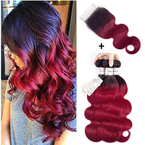 Ombre Brazilian Hair Body Wave Ombre Bundles With Closure, 3 Ombre Hair Bundles With Lace Closure T1b/ 99J Black to Burgundy (16' 18' 20'+14"Closure) …
