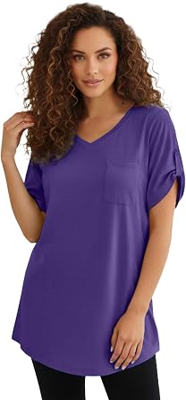 Roamans Womens Plus Size Slub V-Neck Boyfriend Tunic Top