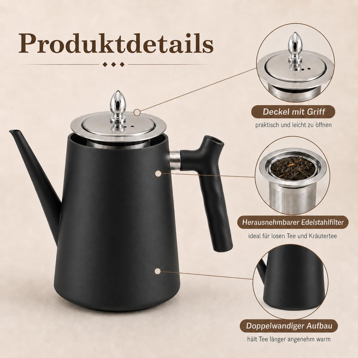 Teekanne mit Siebeinsatz 1.5 L - Teekanne Edelstahl Doppelwandig Schwarz Isolierkanne für Losen Tee Kräutertee und Kaffee - 100% Tropffrei Hitzebeständiger Griff für alle Herdarten
