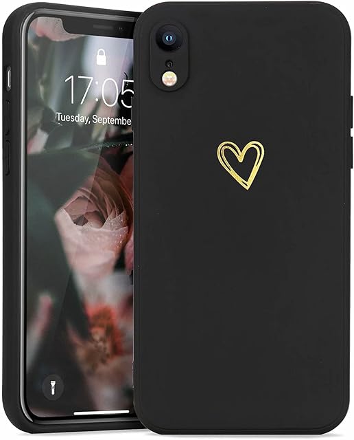 Wirvyuer Compatible with iPhone Xr Phone Cases for Girls Women Silky Soft Protective Shockproof Silicone Cases with Cute Gold Heart Pattern Design Black Cover