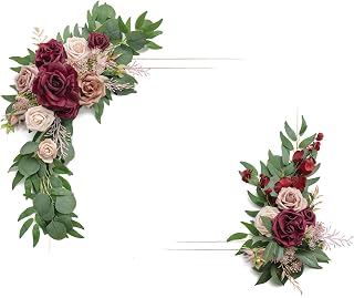 Ling's Moment 2pcs Artificial Welcome Sign Swag Wedding Arch Flowers Decorations Floral Eucalyptus Willow Garland Marsala Rose Ceremony Party Reception Easel Door Wall Home Entryway Outdoor