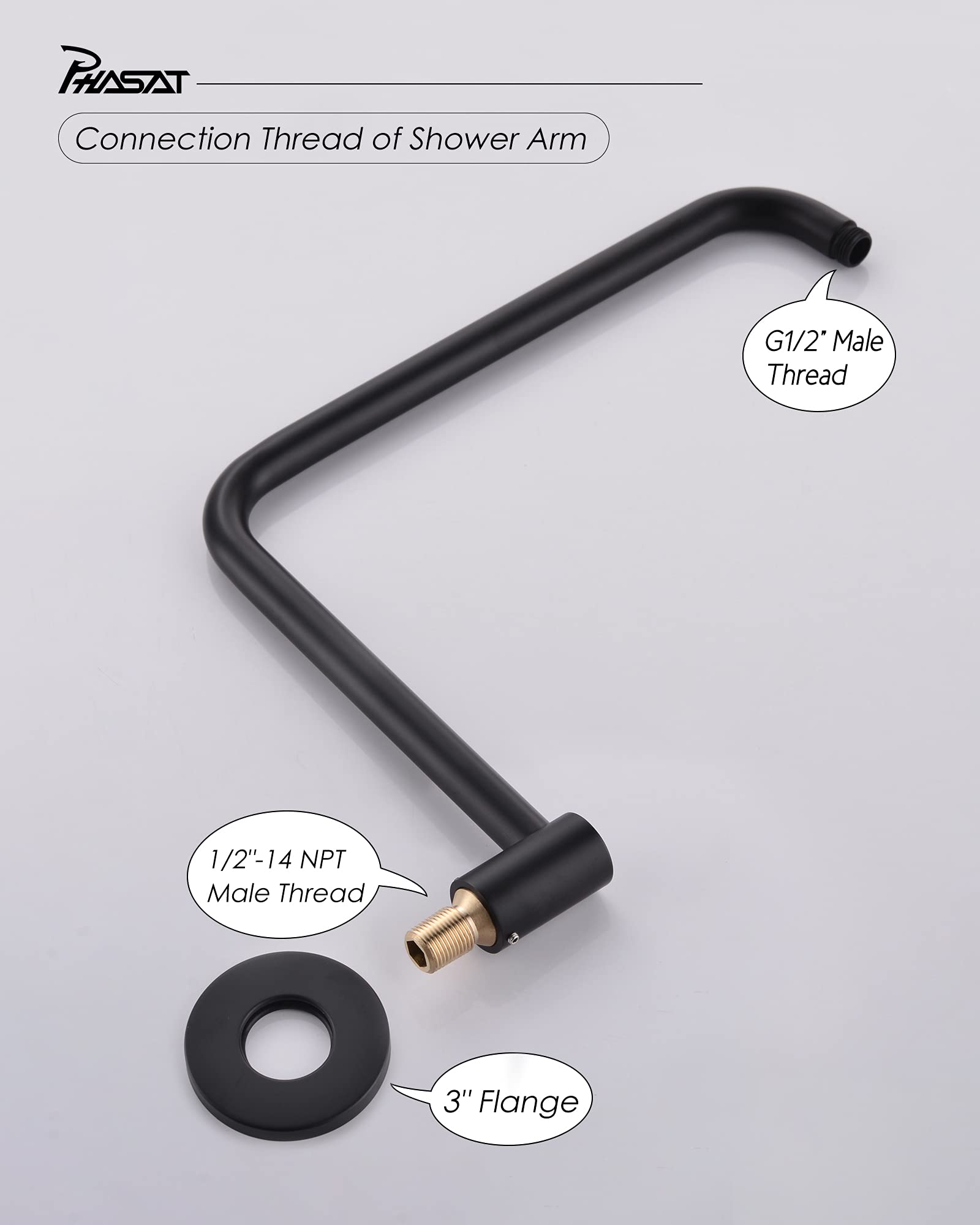 PHASAT Black Shower Head Arm,S Shaped Shower Arm with Flange,High Rise Shower Head Extension Arm Matte Black,14.8 Inch Shower Arm Extension,PU9H01-S