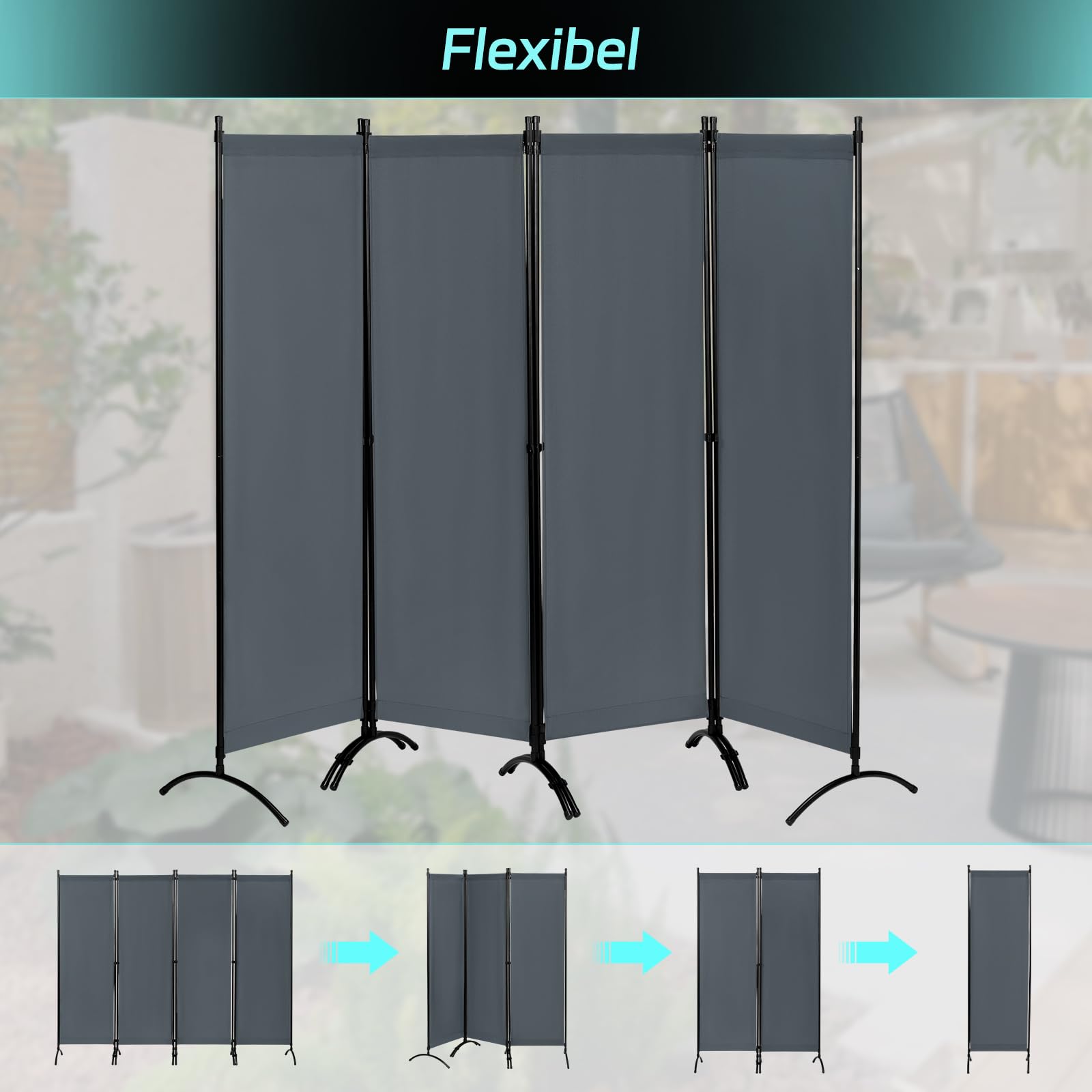 WOLTU Paravent 4 Teilig 224x182 cm Dunkelgrau, Raumteiler Freistehend Trennwand und Klappbar, Sichtschutz Spanische Wand für Innen- und Außenbereich, Ideal für Wohnzimmer, Balkon und Garten