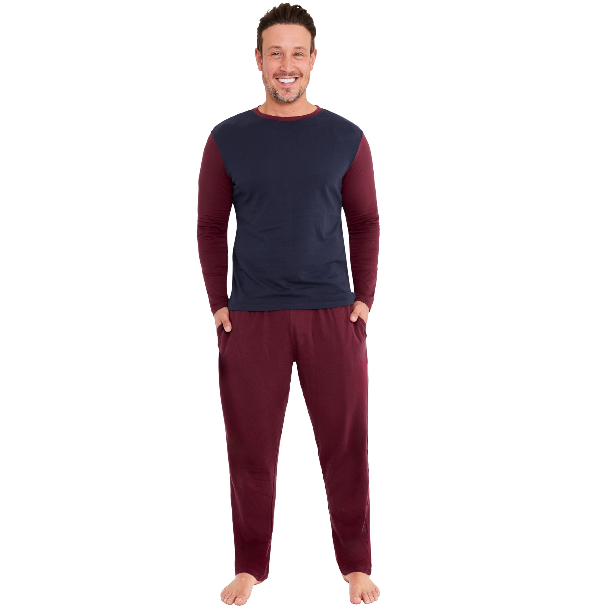 CityComfort Mens Long Pyjamas Set, Adults Teenagers Soft 2 Piece Loungewear Nightwear Cosy PJs - Gifts for Him (Burgundy/Navy, 2XL)