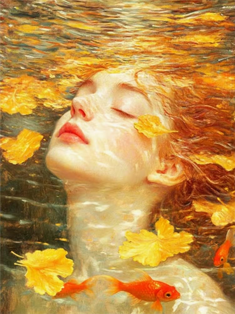 Brennora 5D Diamond Painting Kits Full Drill Round Gem Goldfish and Girl Underwater DIY Arts and Crafts Home Wall Decor Gift 40x50cm