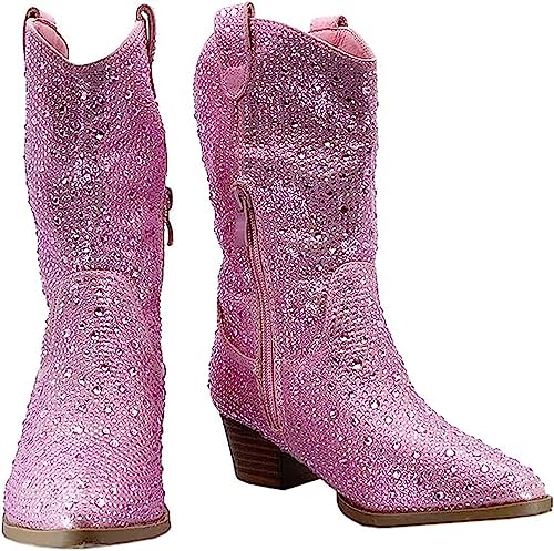 Forever Girls/Kids Rhinestone Western Cowgirl Cowboy Pointed Toe Low Heel Boots Pink 14