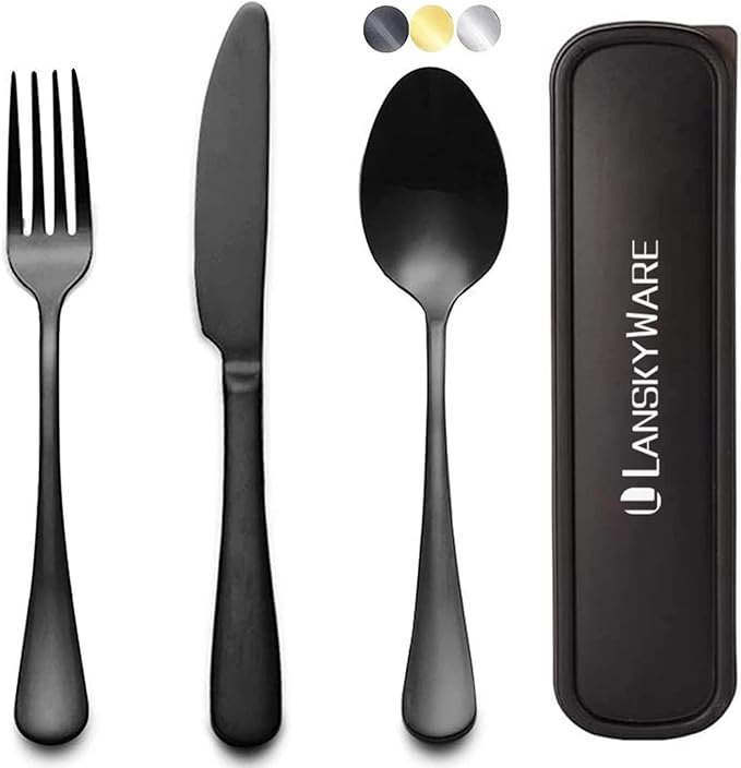 Portable Utensils Set with Case, Travel 18/8 Stainless Steel Spoon and Fork Set with Case
