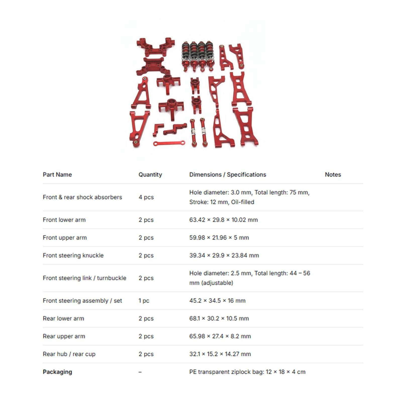 Elektroauto RC Auto Metall Upgrade Satz Tuningteile Schwingarme Dämpfer Lenkung aus Aluminiumlegierung für Leichten Aufbau Und Hohe Belastbarkeit für, Red