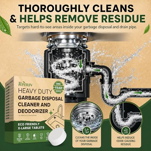 Image of Renuv Garbage Disposal Cleaner & Deodorizer Tablets, 12 XL Tablets | Foaming Citrus Scent, Drain Freshener, Kitchen Sink Odor Refresher For Garbage Disposer Cleaning
